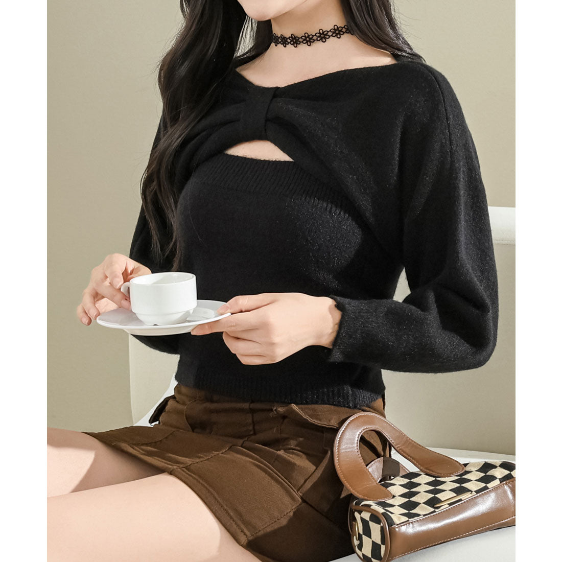 レースレディース Lace Ladies 【2点セット】アンサンブル フロント リボン ニット 長袖 プルオーバー キャミソール （ブラック） ブラック