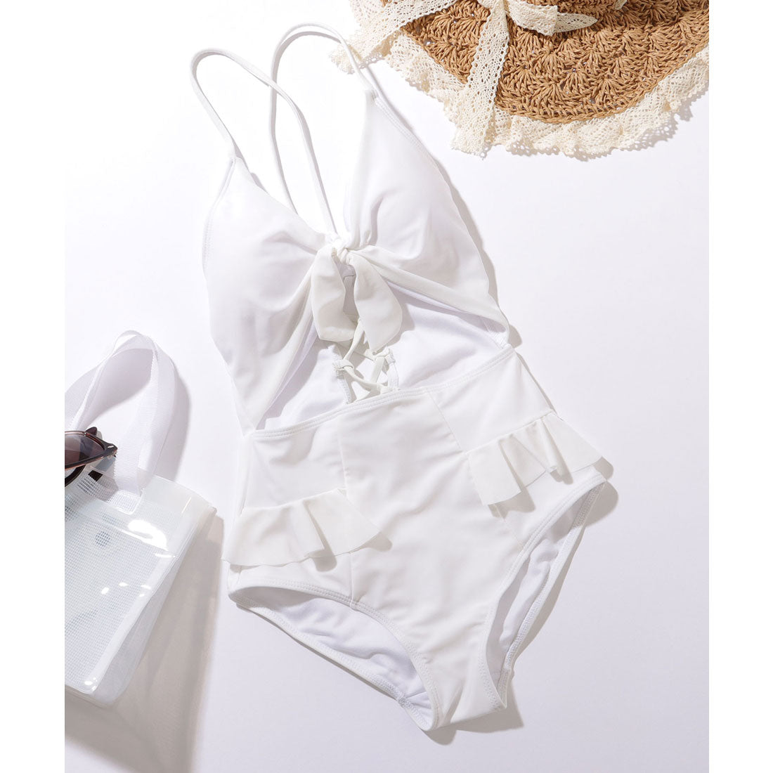 Lace Ladies Lace Ladies Front Ribbon Cutout Frill One-piece Swimsuit [