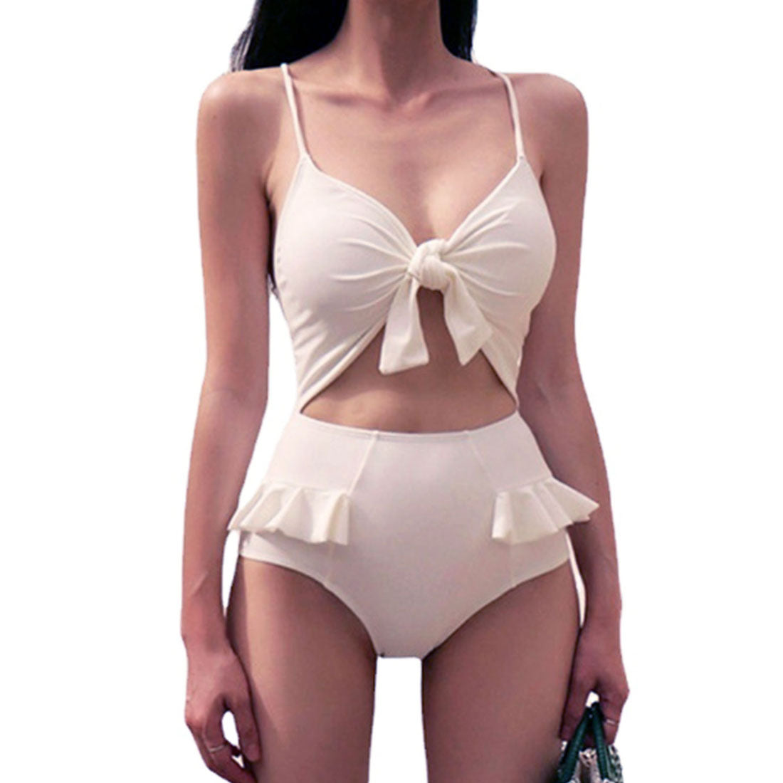 Lace Ladies Lace Ladies Front Ribbon Cutout Frill One-piece Swimsuit [