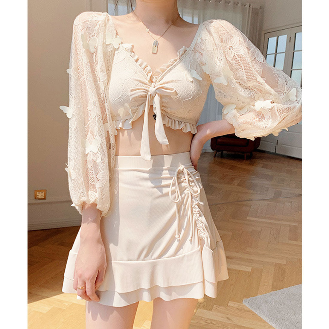 レースレディース Lace Ladies 【3点セット】 レース袖 リボン ビキニ スイムウエア【返品不可商品】 （アイボリー） アイボリー