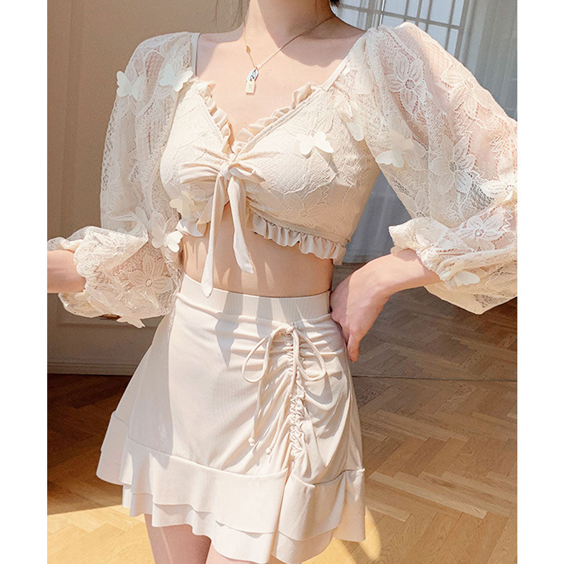 レースレディース Lace Ladies 【3点セット】 レース袖 リボン ビキニ スイムウエア【返品不可商品】 （アイボリー） アイボリー