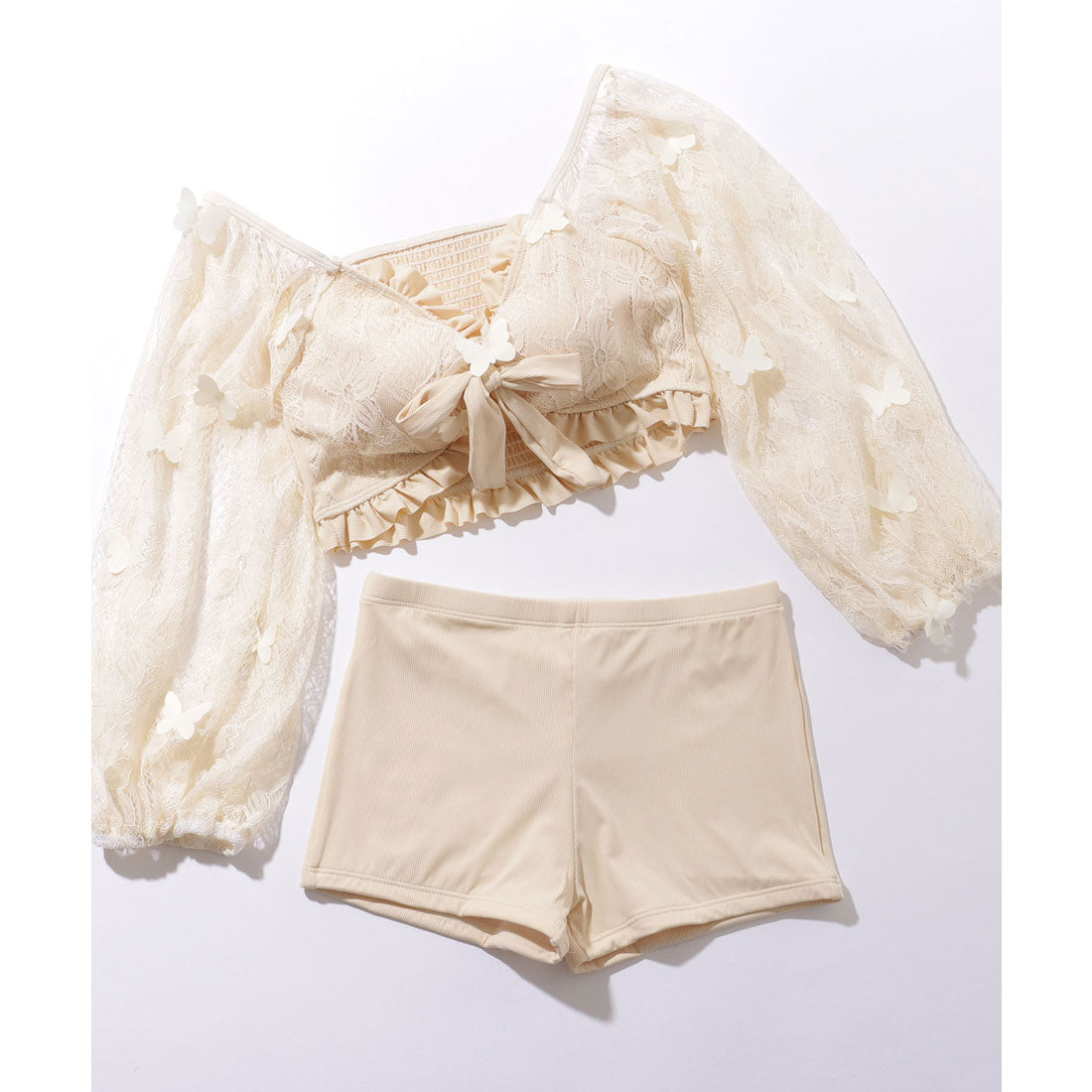 レースレディース Lace Ladies 【3点セット】 レース袖 リボン ビキニ スイムウエア【返品不可商品】 （アイボリー） アイボリー