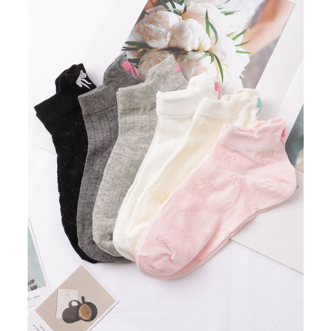 レースレディース Lace Ladies 【6足セット】リボン モチーフ ベーシック ショート ソックス （A.ミックス） A.ミックス