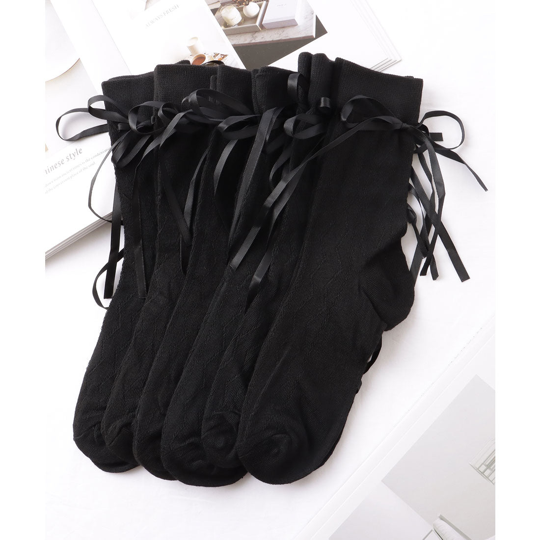 レースレディース Lace Ladies 【6足セット】 ウエーブ レース ソリッドカラー クルー丈 ソックス （A.ブラック） A.ブラック