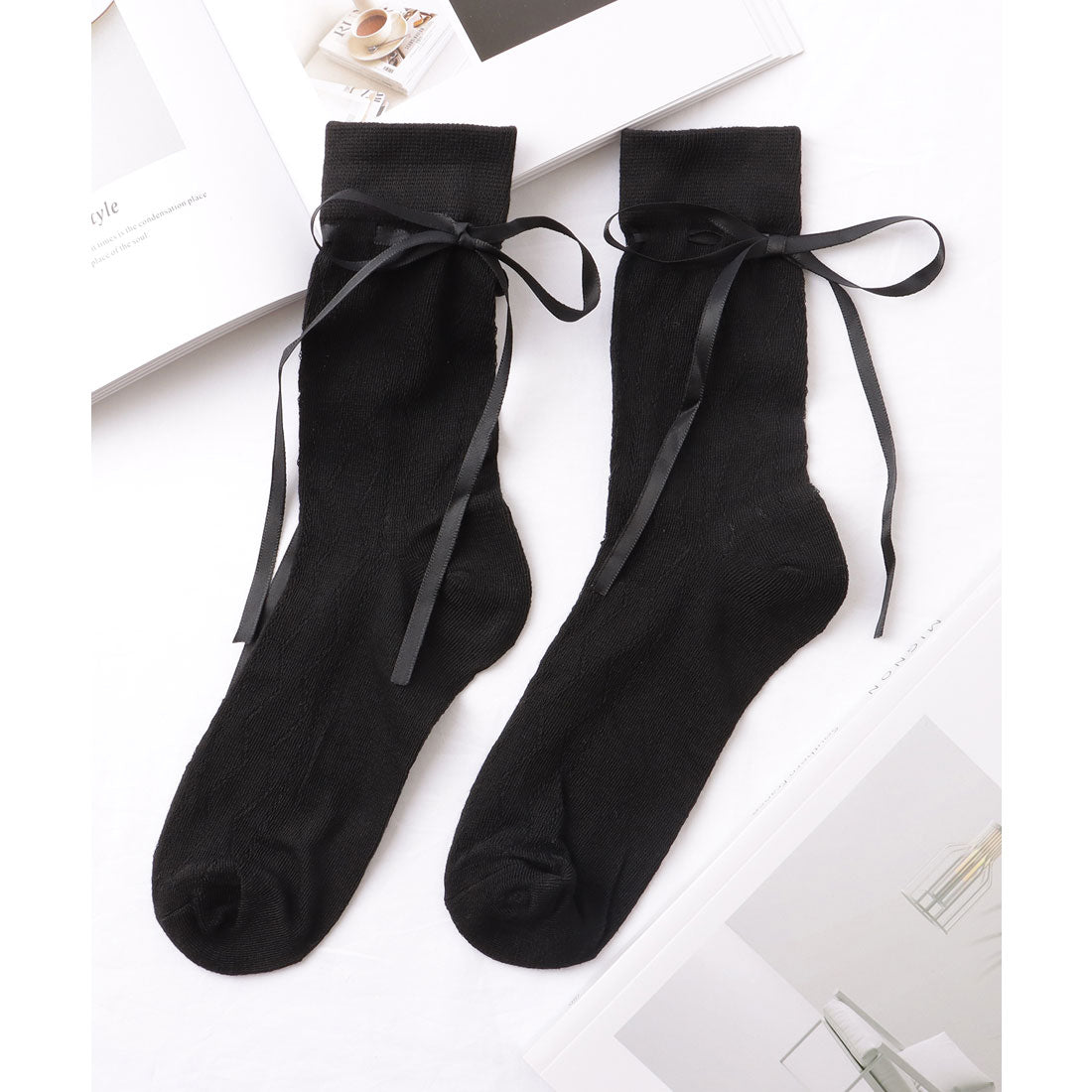 レースレディース Lace Ladies 【6足セット】 ウエーブ レース ソリッドカラー クルー丈 ソックス （A.ブラック） A.ブラック