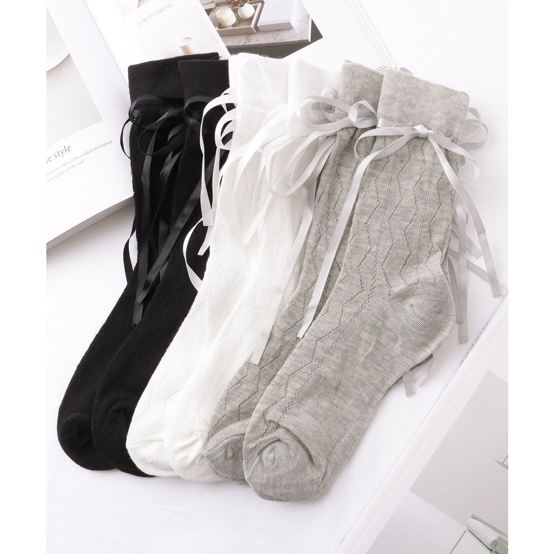 レースレディース Lace Ladies 【6足セット】 ウエーブ レース ソリッドカラー クルー丈 ソックス （B.ミックス） B.ミックス