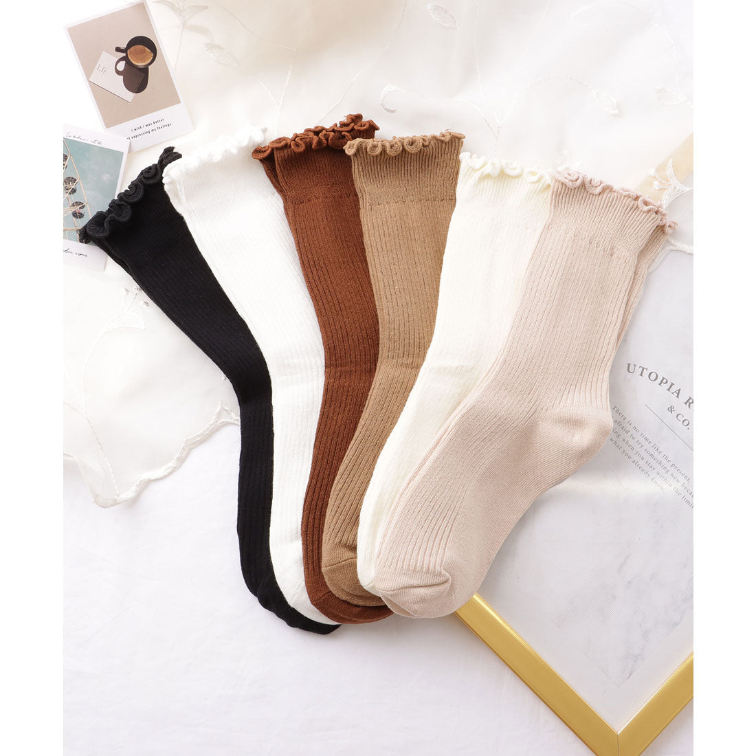 レースレディース Lace Ladies 【6足セット】選べる丈2タイプ ソリッドカラー メロウ フリル リブ クルー ショート ソックス （A.ミックス） A.ミックス