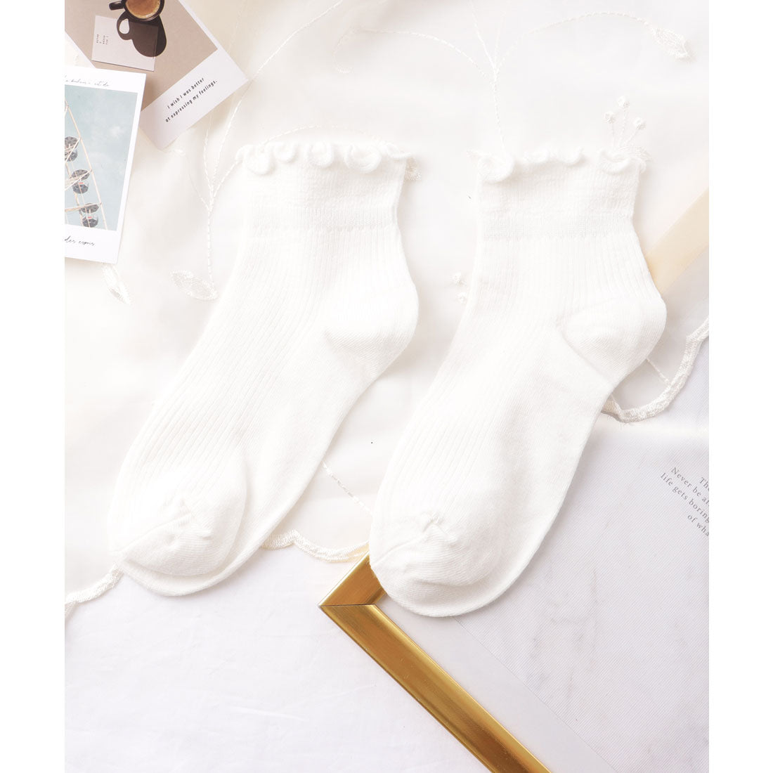 レースレディース Lace Ladies 【6足セット】選べる丈2タイプ ソリッドカラー メロウ フリル リブ クルー ショート ソックス （A.ミックス） A.ミックス