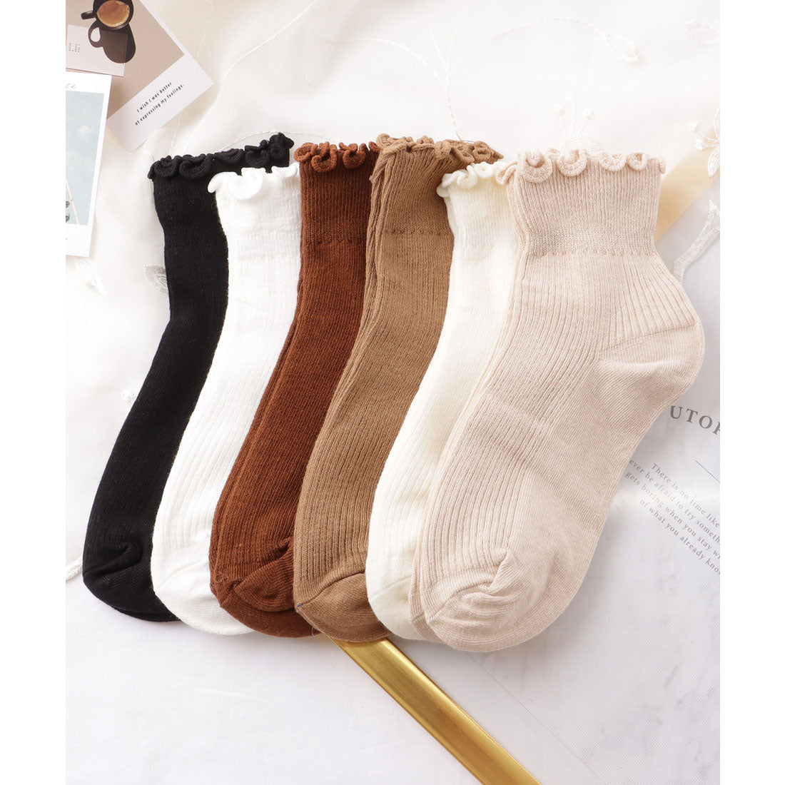 レースレディース Lace Ladies 【6足セット】選べる丈2タイプ ソリッドカラー メロウ フリル リブ クルー ショート ソックス （B.ミックス） B.ミックス