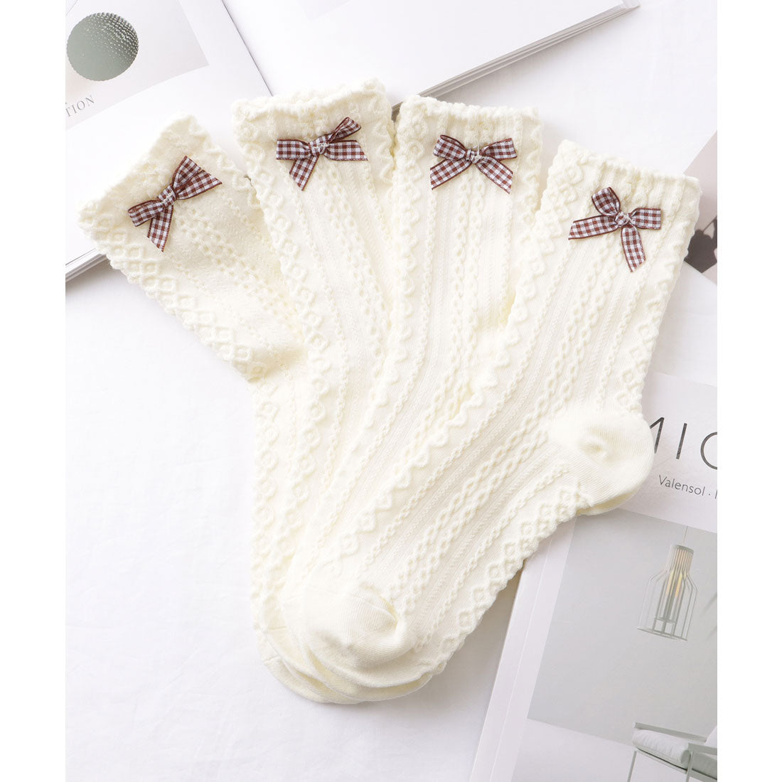 レースレディース Lace Ladies 【4足セット】 立体 チェーン リボン付き クルー丈 ソックス （アイボリー） アイボリー