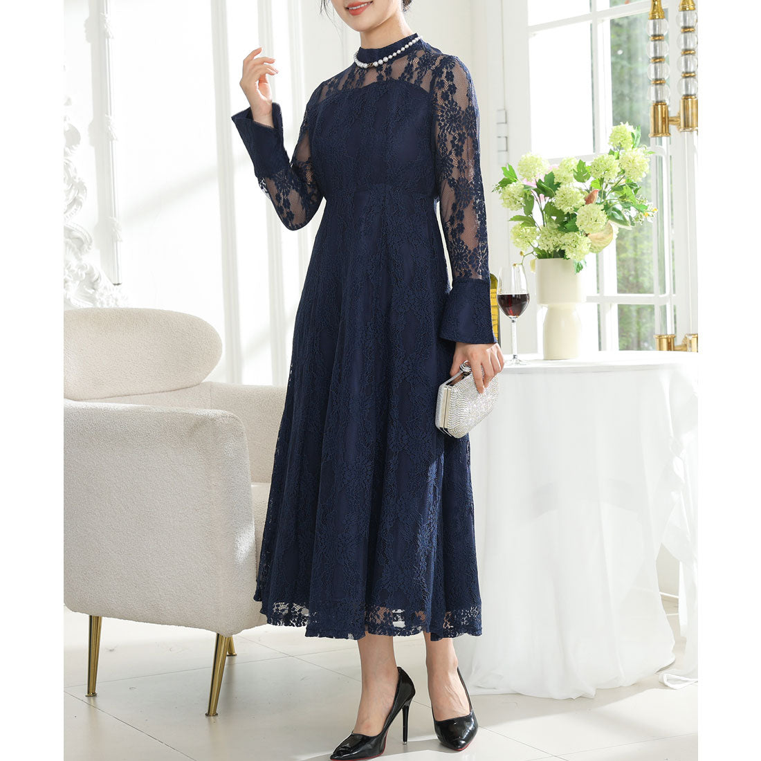 レースレディース Lace Ladies 総レース ビスチェ レイヤード ロング ワンピース （ネイビー） ネイビー