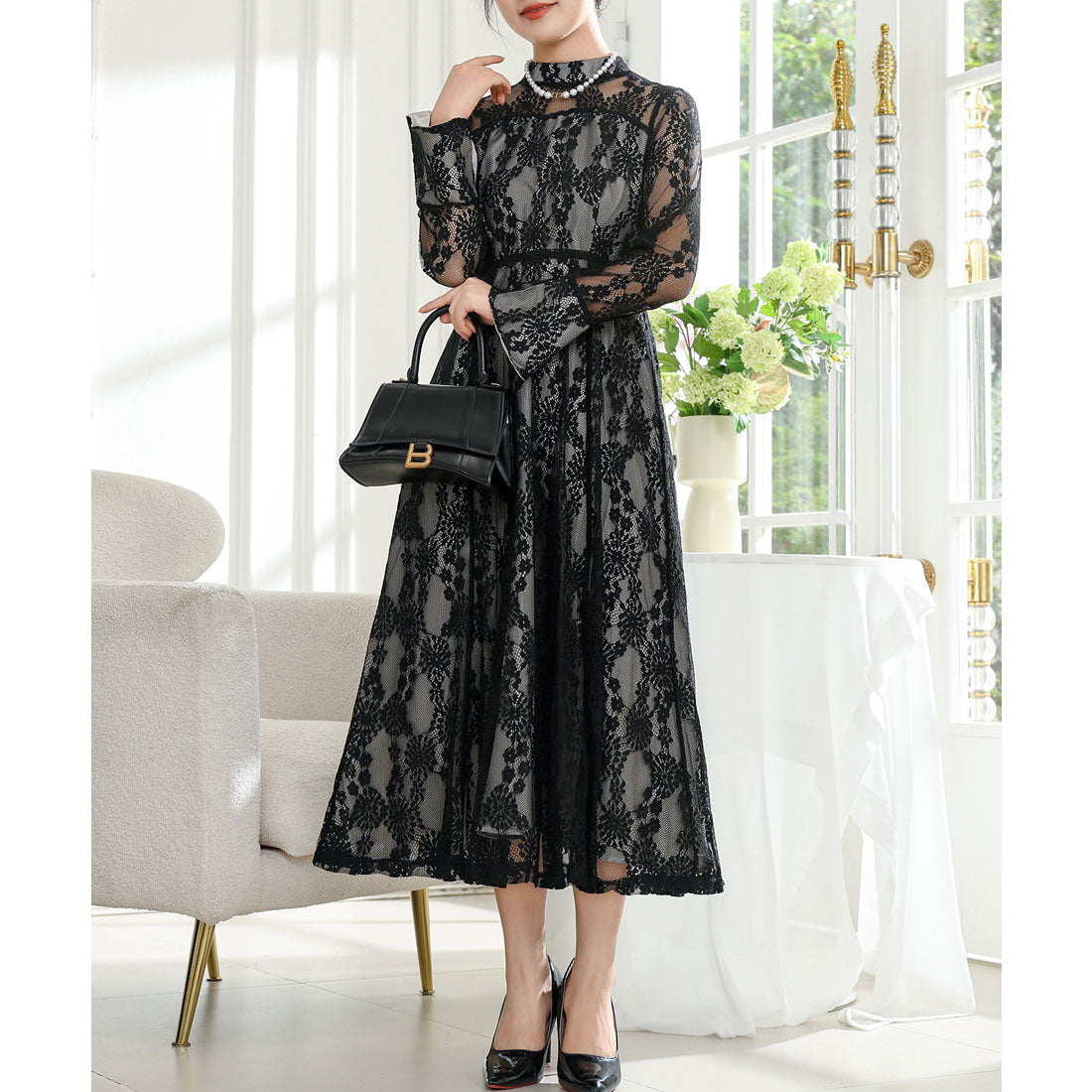 レースレディース Lace Ladies 総レース ビスチェ レイヤード ロング ワンピース （ブラック） ブラック