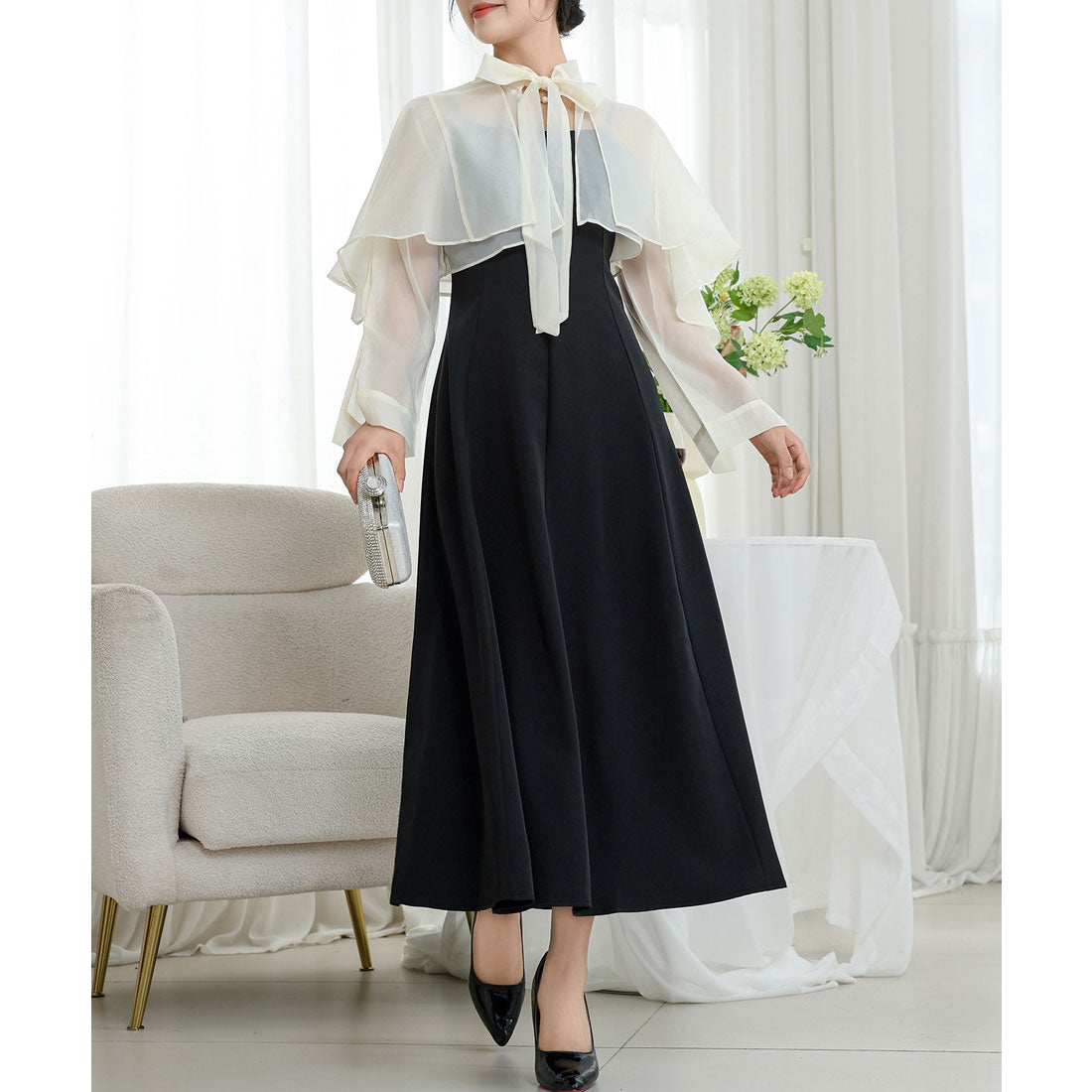 レースレディース Lace Ladies 【2点セット】ボレロ付き バック レースアップ キャミソール ワンピース （ブラック） ブラック