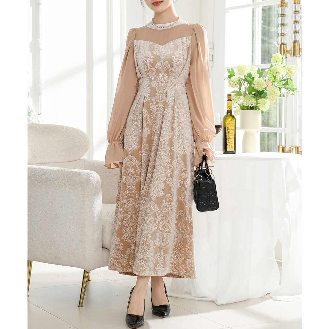 レースレディース Lace Ladies ダマスク柄 シフォン ドッキング キャンディ スリーブ ワンピース （ベージュ） ベージュ
