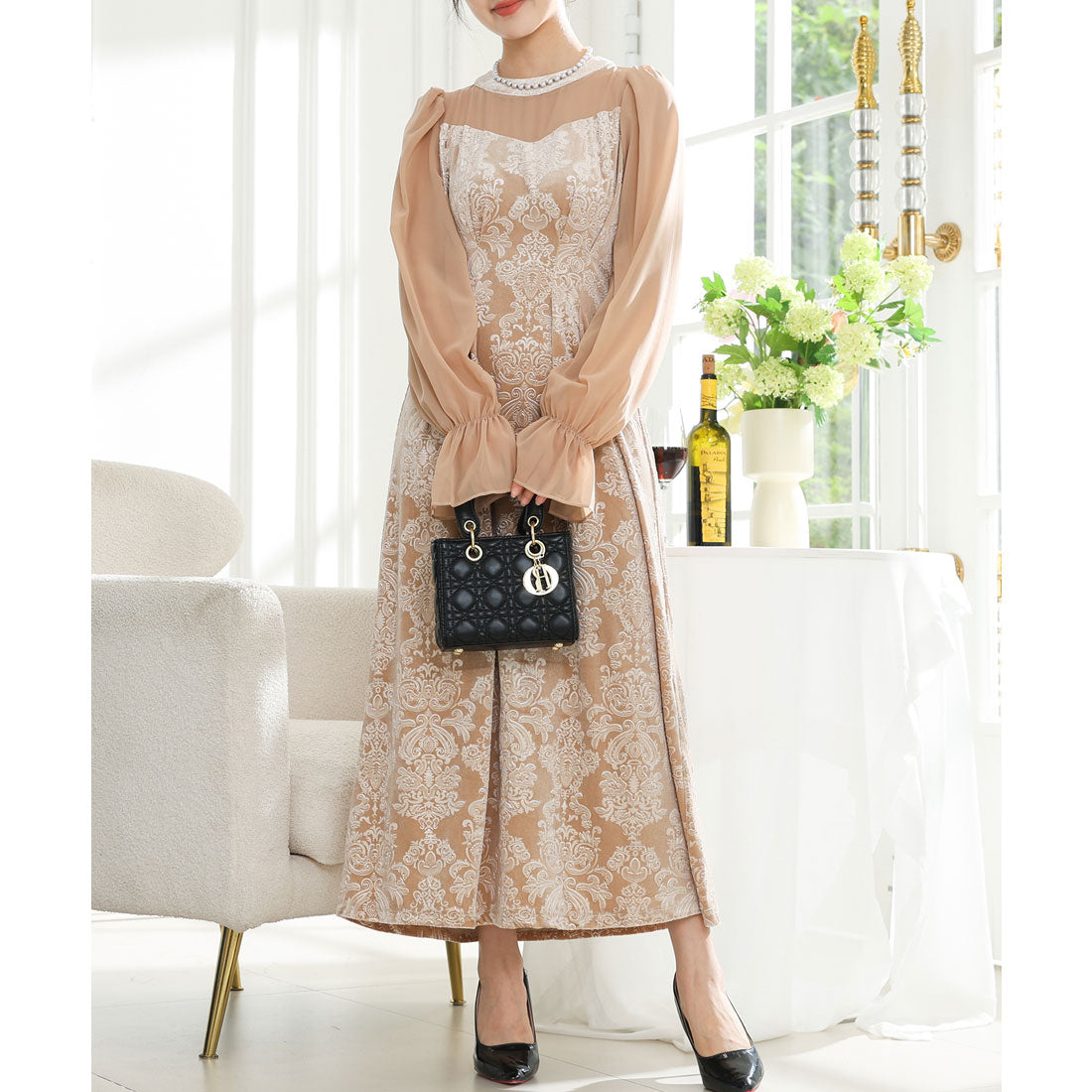 レースレディース Lace Ladies ダマスク柄 シフォン ドッキング キャンディ スリーブ ワンピース （ベージュ） ベージュ
