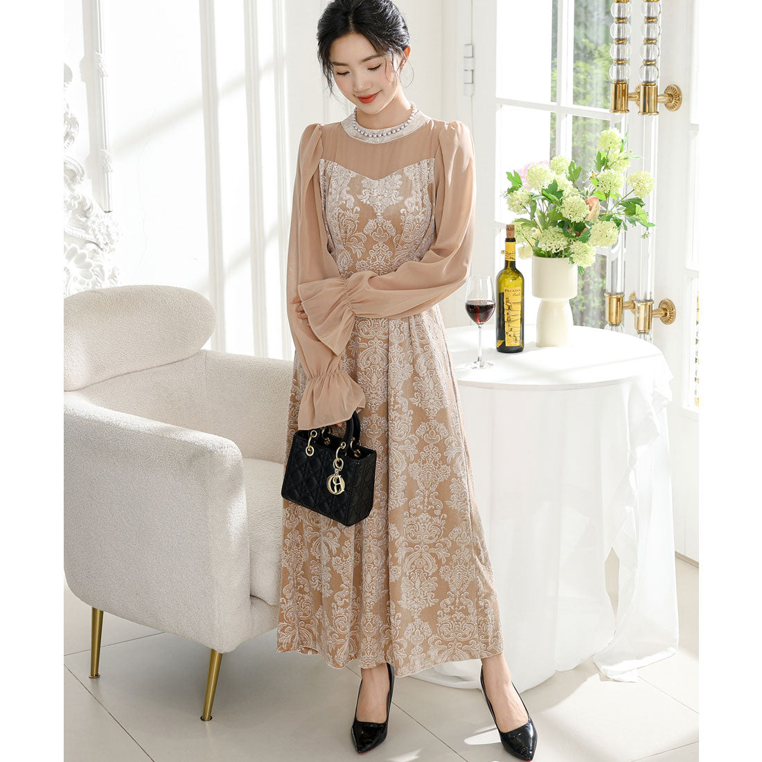 レースレディース Lace Ladies ダマスク柄 シフォン ドッキング キャンディ スリーブ ワンピース （ベージュ） ベージュ