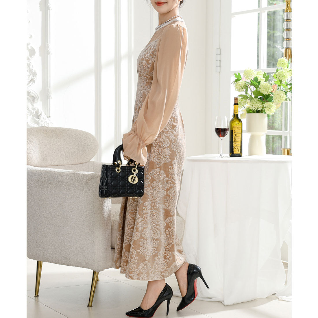 レースレディース Lace Ladies ダマスク柄 シフォン ドッキング キャンディ スリーブ ワンピース （ベージュ） ベージュ