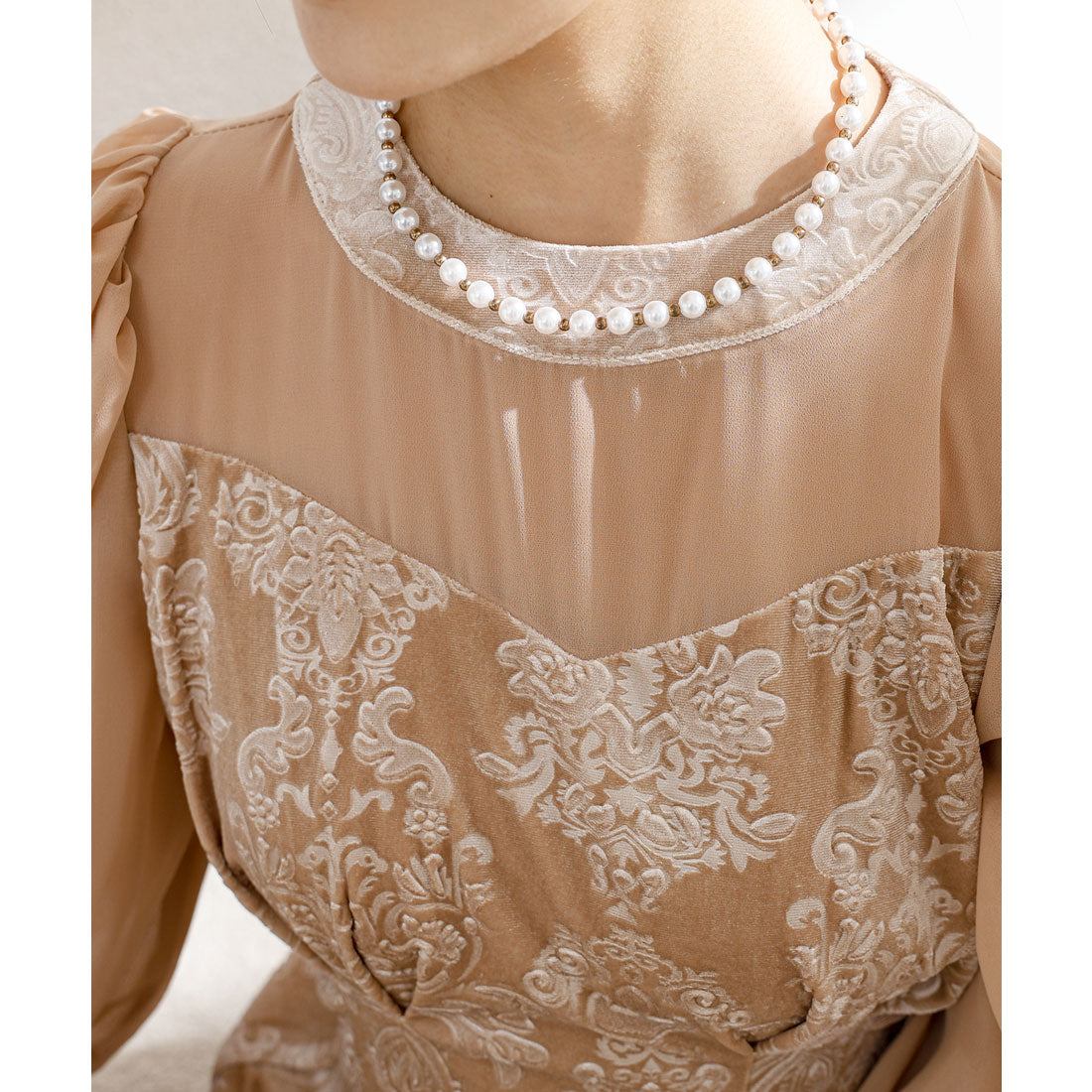 レースレディース Lace Ladies ダマスク柄 シフォン ドッキング キャンディ スリーブ ワンピース （ベージュ） ベージュ