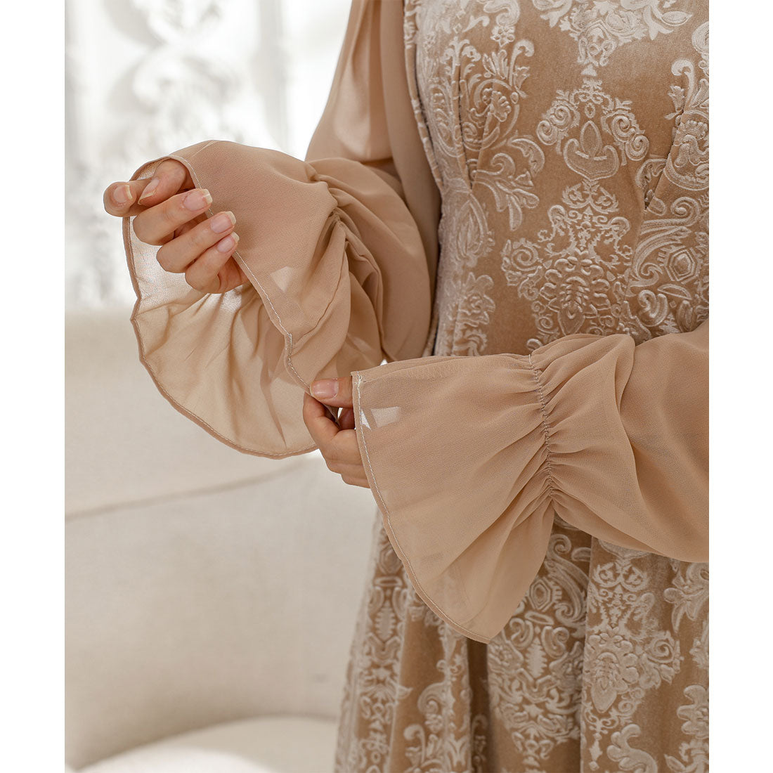 レースレディース Lace Ladies ダマスク柄 シフォン ドッキング キャンディ スリーブ ワンピース （ベージュ） ベージュ