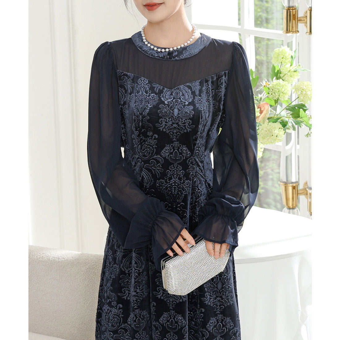 レースレディース Lace Ladies ダマスク柄 シフォン ドッキング キャンディ スリーブ ワンピース （ネイビー） ネイビー
