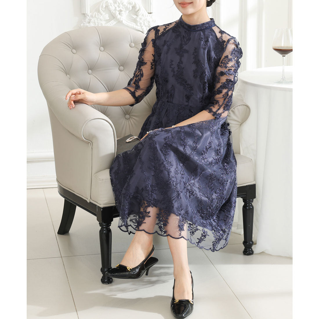 レースレディース Lace Ladies 総レース プチハイネック スカラップ フレア ワンピース