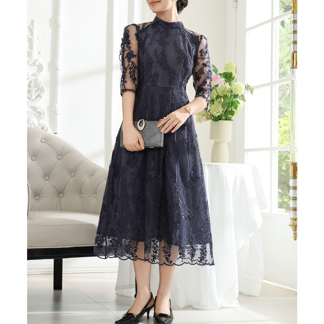 レースレディース Lace Ladies 総レース プチハイネック スカラップ フレア ワンピース