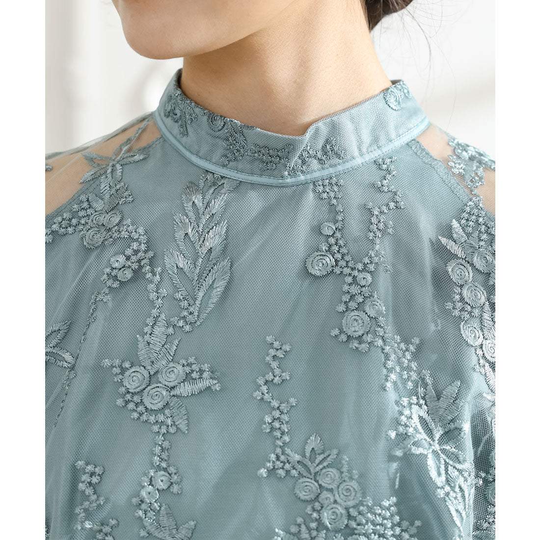 レースレディース Lace Ladies 総レース プチハイネック スカラップ フレア ワンピース