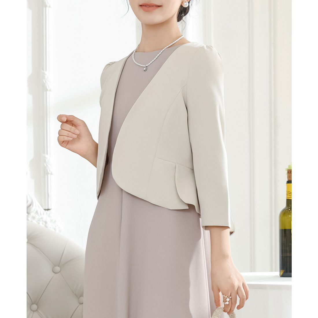 Race Ladies Lace Ladies [2-piece set] No-collar jacket with A-line sleeveless dress