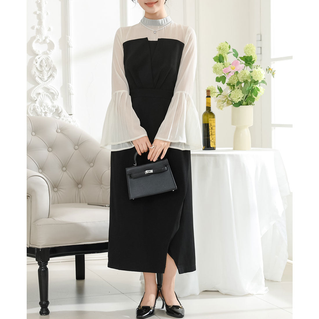 レースレディース Lace Ladies フェイクレイヤード タック プリーツ タイト ワンピース