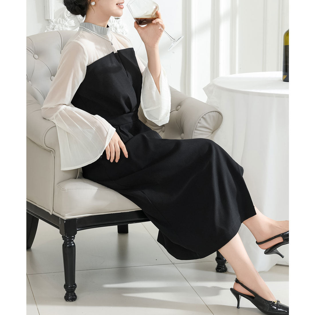 レースレディース Lace Ladies フェイクレイヤード タック プリーツ タイト ワンピース