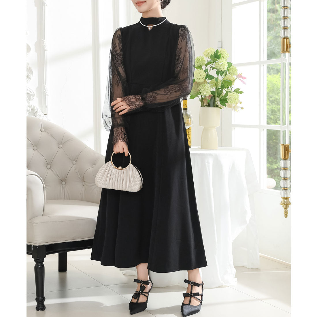 レースレディース Lace Ladies プチハイネック レース ドッキング ロング ワンピース