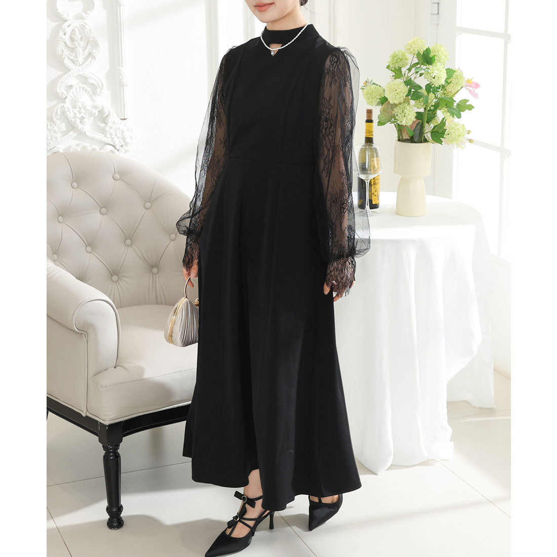 レースレディース Lace Ladies プチハイネック レース ドッキング ロング ワンピース