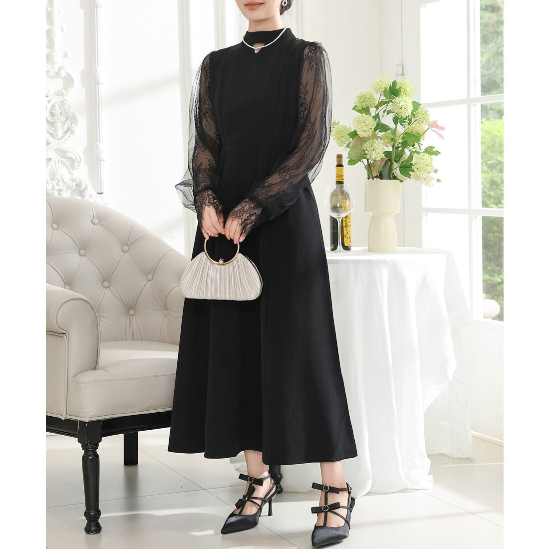 レースレディース Lace Ladies プチハイネック レース ドッキング ロング ワンピース