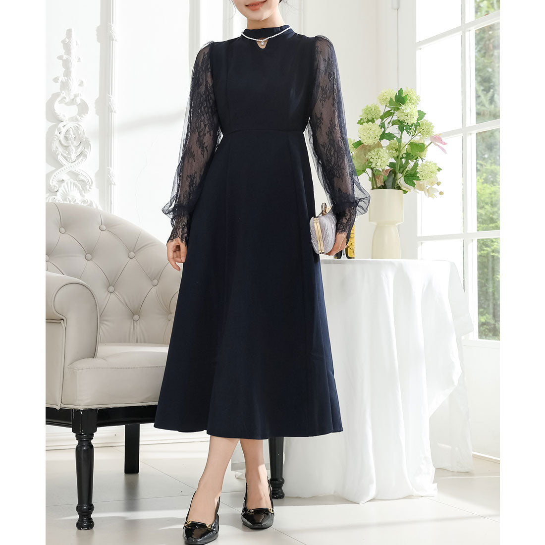 レースレディース Lace Ladies プチハイネック レース ドッキング ロング ワンピース （ネイビー） ネイビー