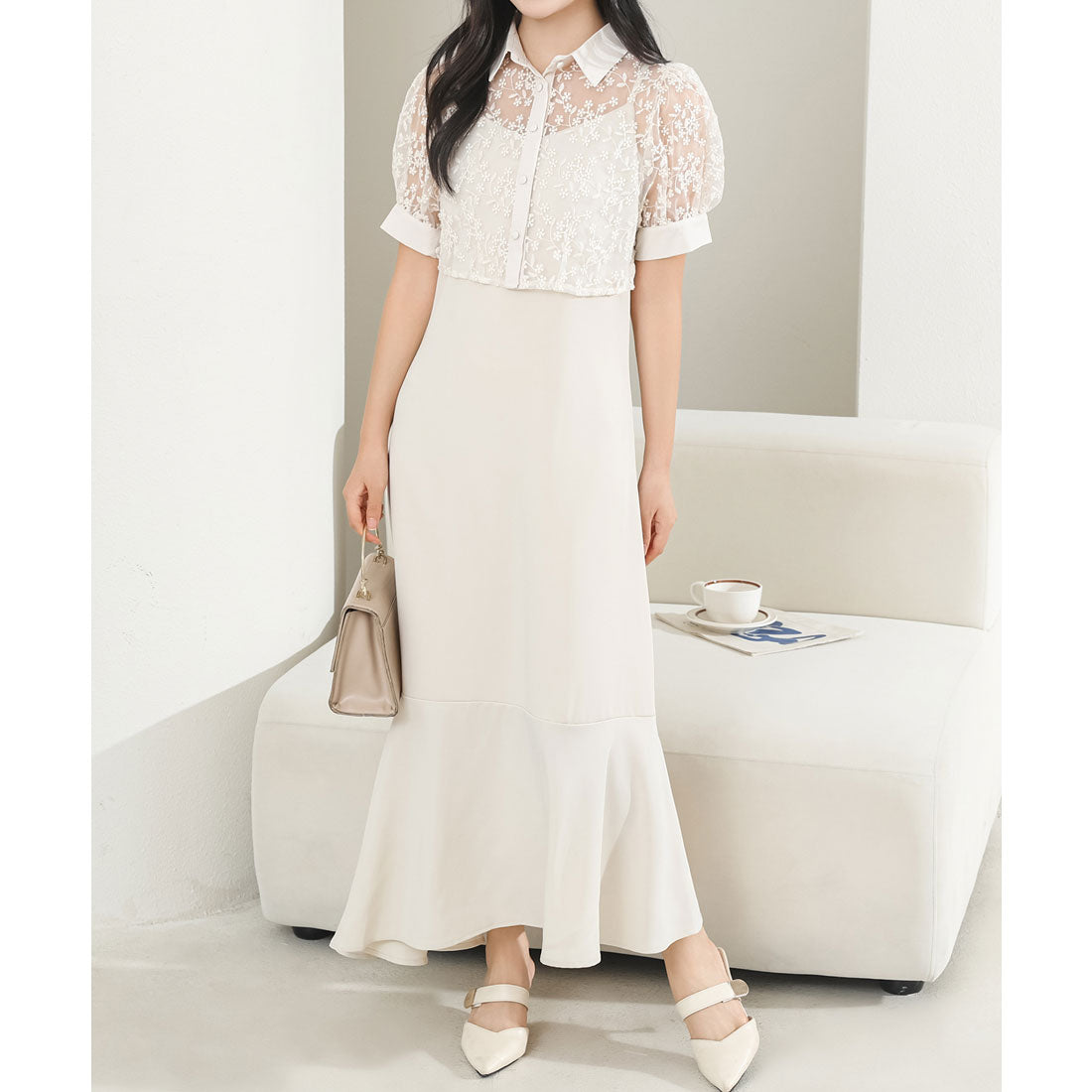 レースレディース Lace Ladies レース ブラウス× マーメイド キャミソール ワンピース セットアップ （アイボリー） アイボリー