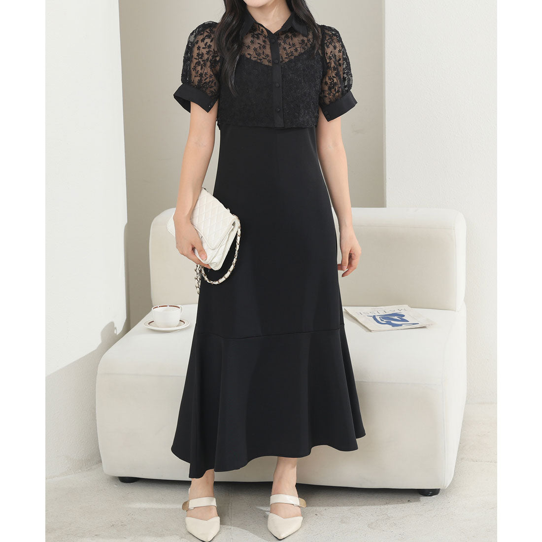 レースレディース Lace Ladies レース ブラウス× マーメイド キャミソール ワンピース セットアップ （ブラック） ブラック