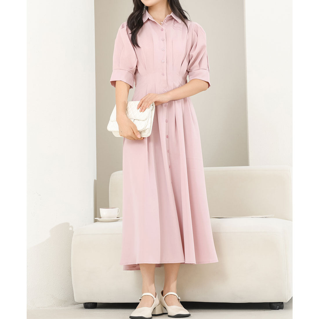 レースレディース Lace Ladies バックレースアップ パフスリーブ ロング シャツ ワンピース （ピンク） ピンク
