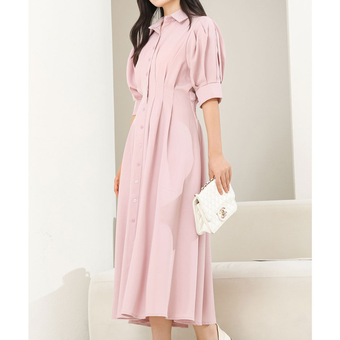 レースレディース Lace Ladies バックレースアップ パフスリーブ ロング シャツ ワンピース （ピンク） ピンク