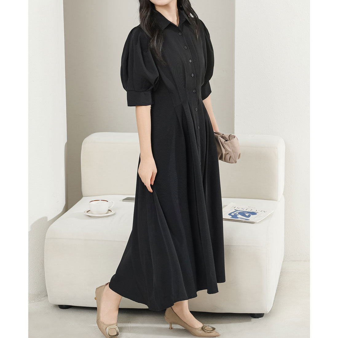 レースレディース Lace Ladies バックレースアップ パフスリーブ ロング シャツ ワンピース （ブラック） ブラック