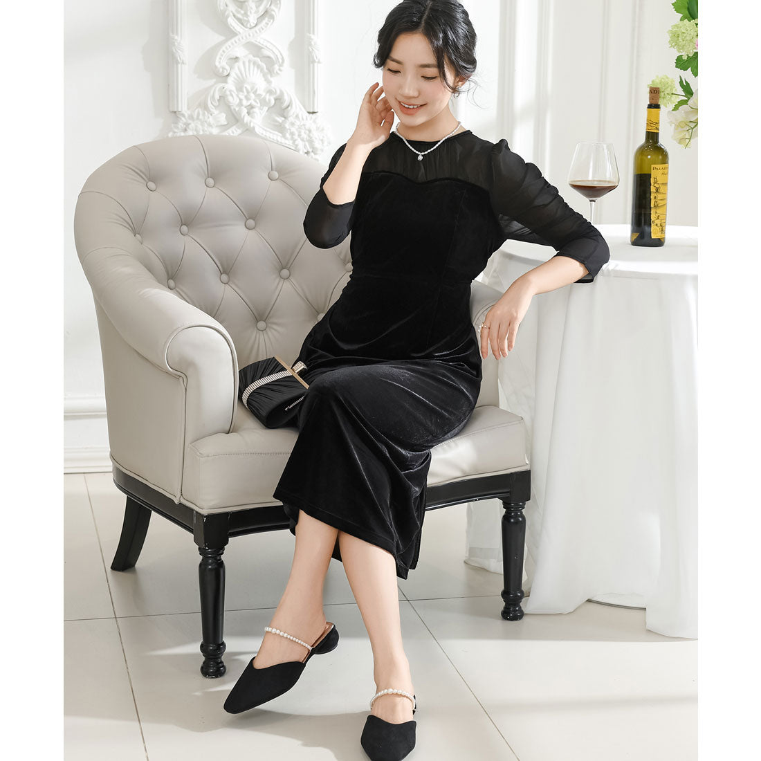 賽車女士 Lace Ladies 天鵝絨 接合 透明 皺褶 連衣裙