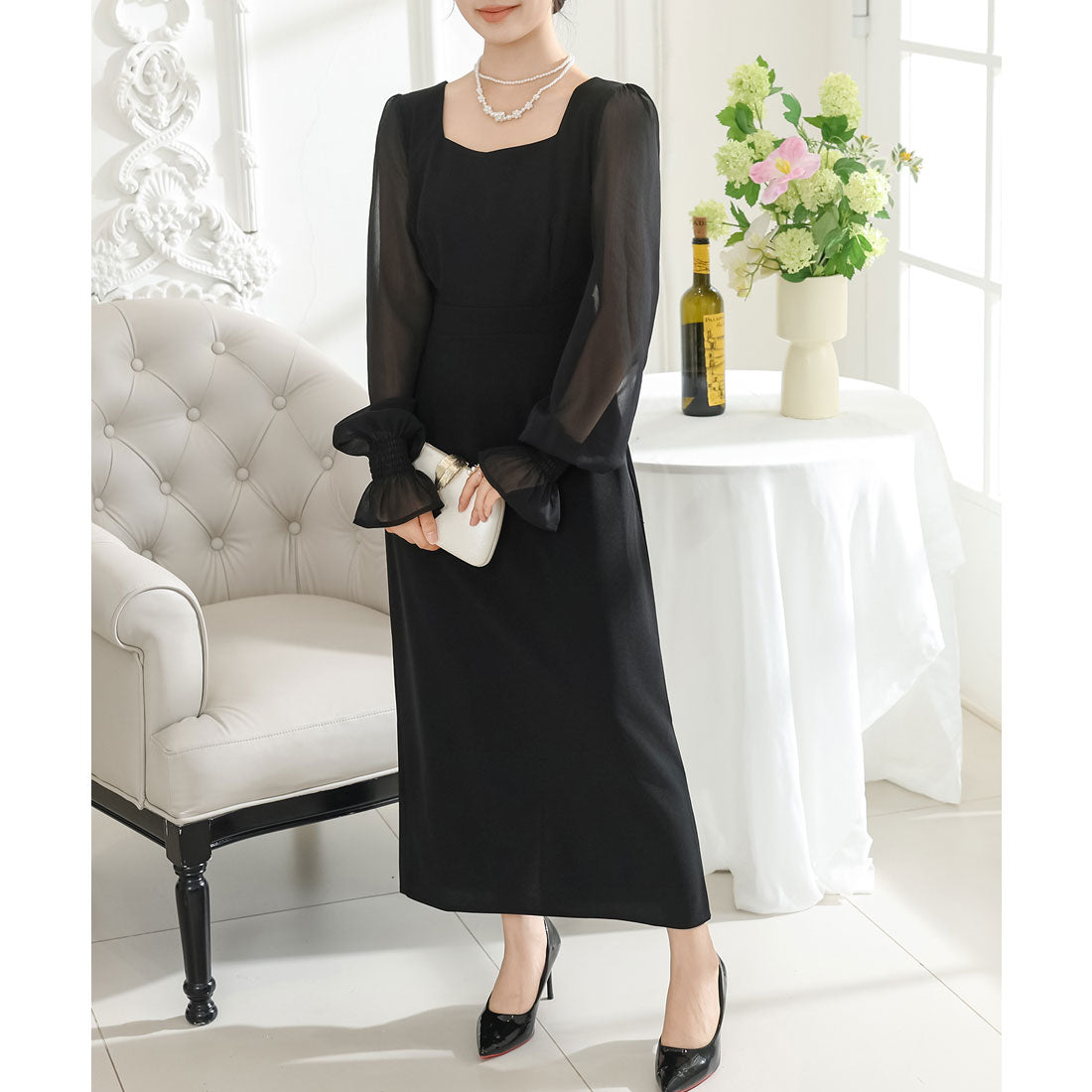 Race Ladies Lace Ladies Square Neck Sheer Docking Tight Long Dress