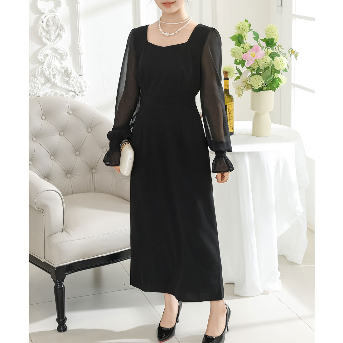 Race Ladies Lace Ladies Square Neck Sheer Docking Tight Long Dress