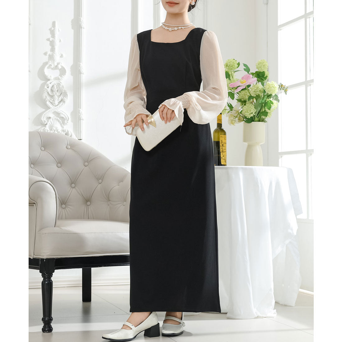 Race Ladies Lace Ladies Square Neck Sheer Docking Tight Long Dress