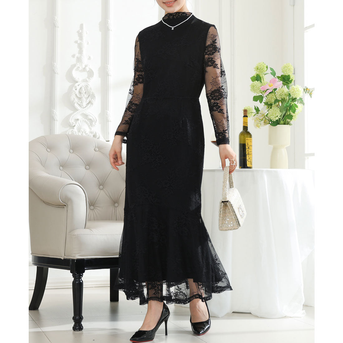 レースレディース Lace Ladies フラワー 総レース マーメイド ドレス ワンピース