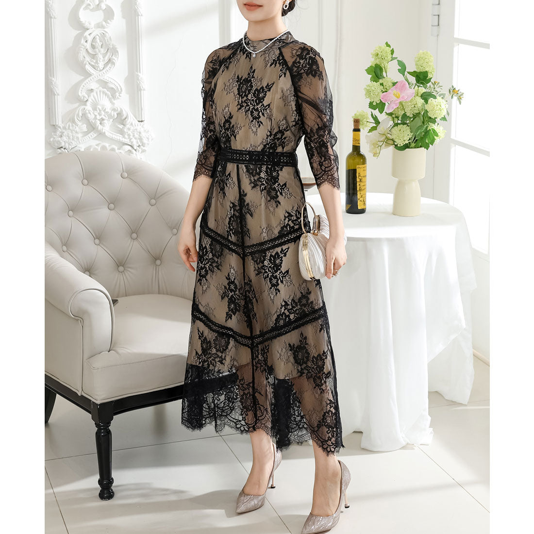 レースレディース Lace Ladies プチハイネック 総レース 7分袖 マキシ ワンピース （ブラック） ブラック