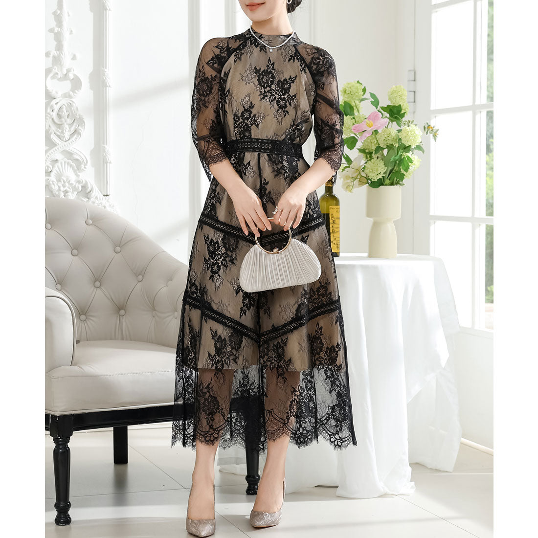 レースレディース Lace Ladies プチハイネック 総レース 7分袖 マキシ ワンピース （ブラック） ブラック