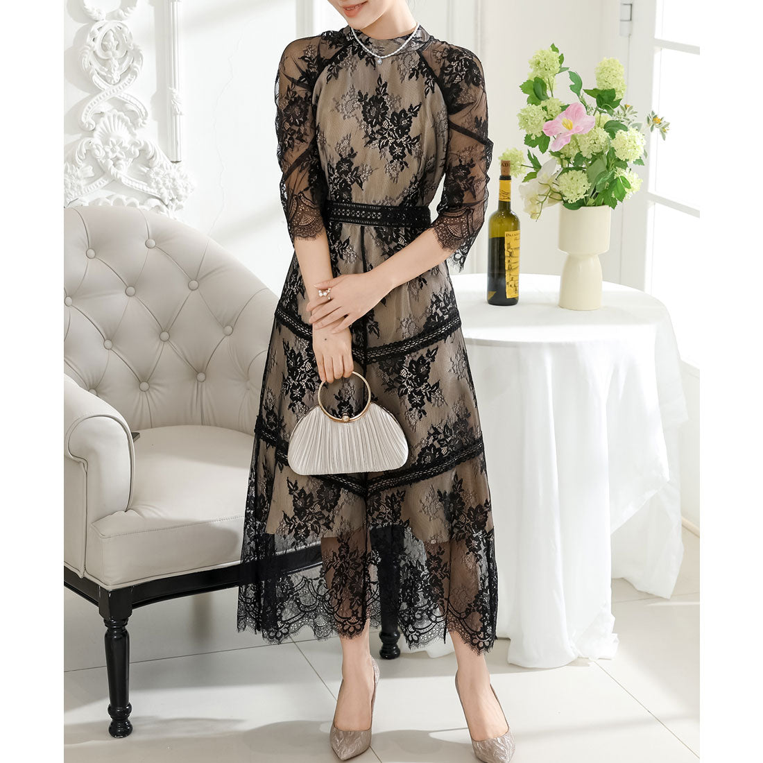 レースレディース Lace Ladies プチハイネック 総レース 7分袖 マキシ ワンピース （ブラック） ブラック