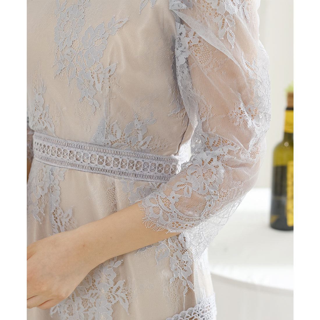 レースレディース Lace Ladies プチハイネック 総レース 7分袖 マキシ ワンピース （ブラック） ブラック