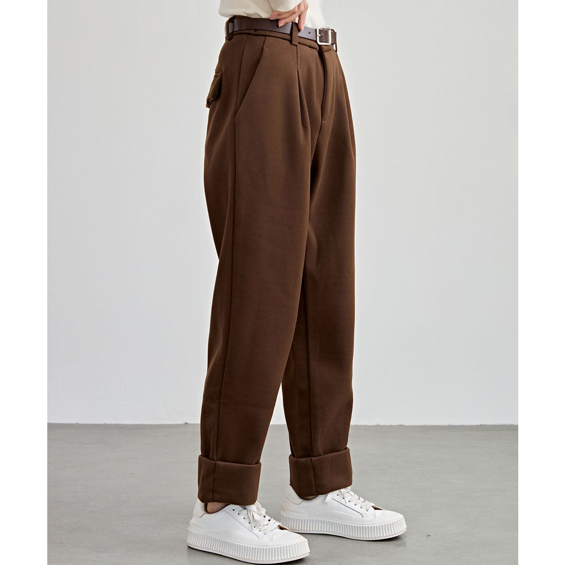 レースレディース Lace Ladies 裏起毛 ストレート ロールアップ タック パンツ