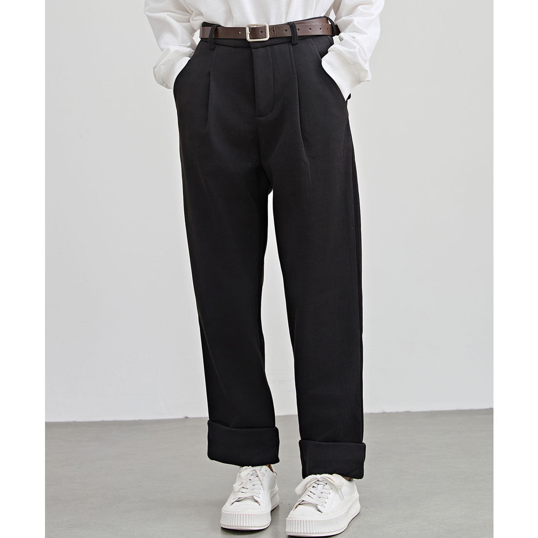 レースレディース Lace Ladies 裏起毛 ストレート ロールアップ タック パンツ